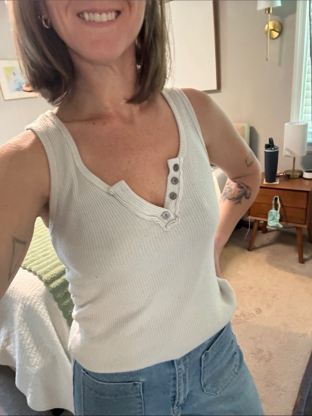 Women’s Ribbed Henley Tank Top in Cream - Classic Scoop Neck
